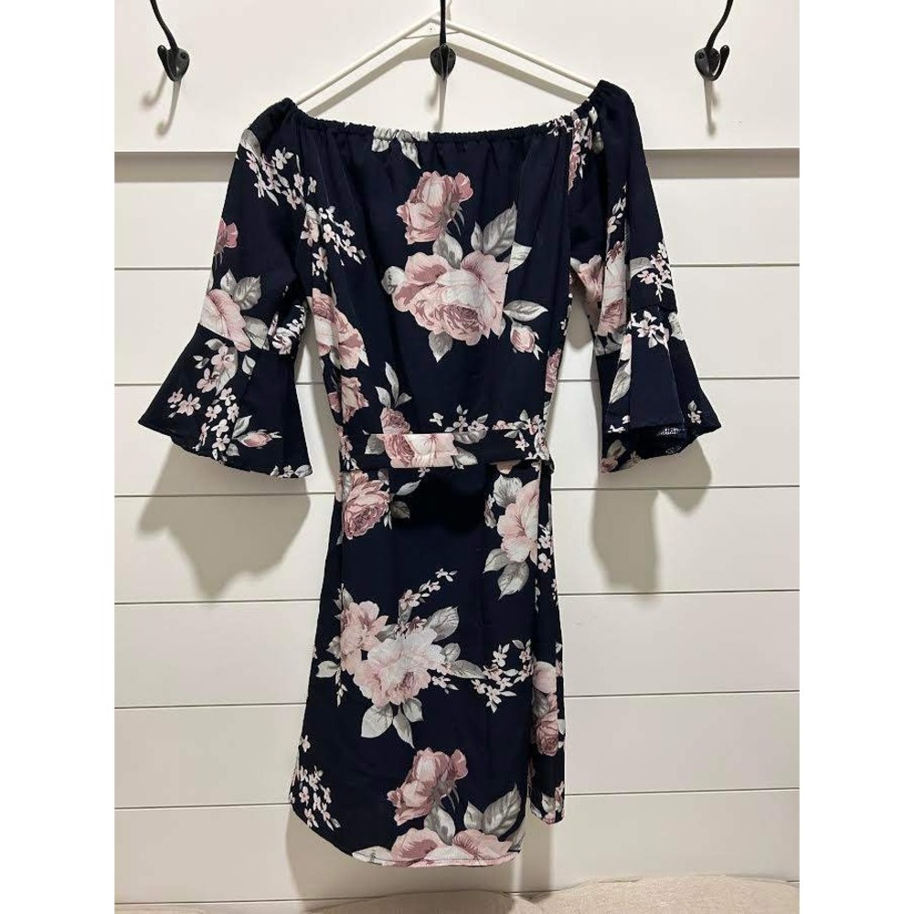 Floral Off The Shoulder Mini Dress Navy Pink Bell Sleeve Tie Waist Small